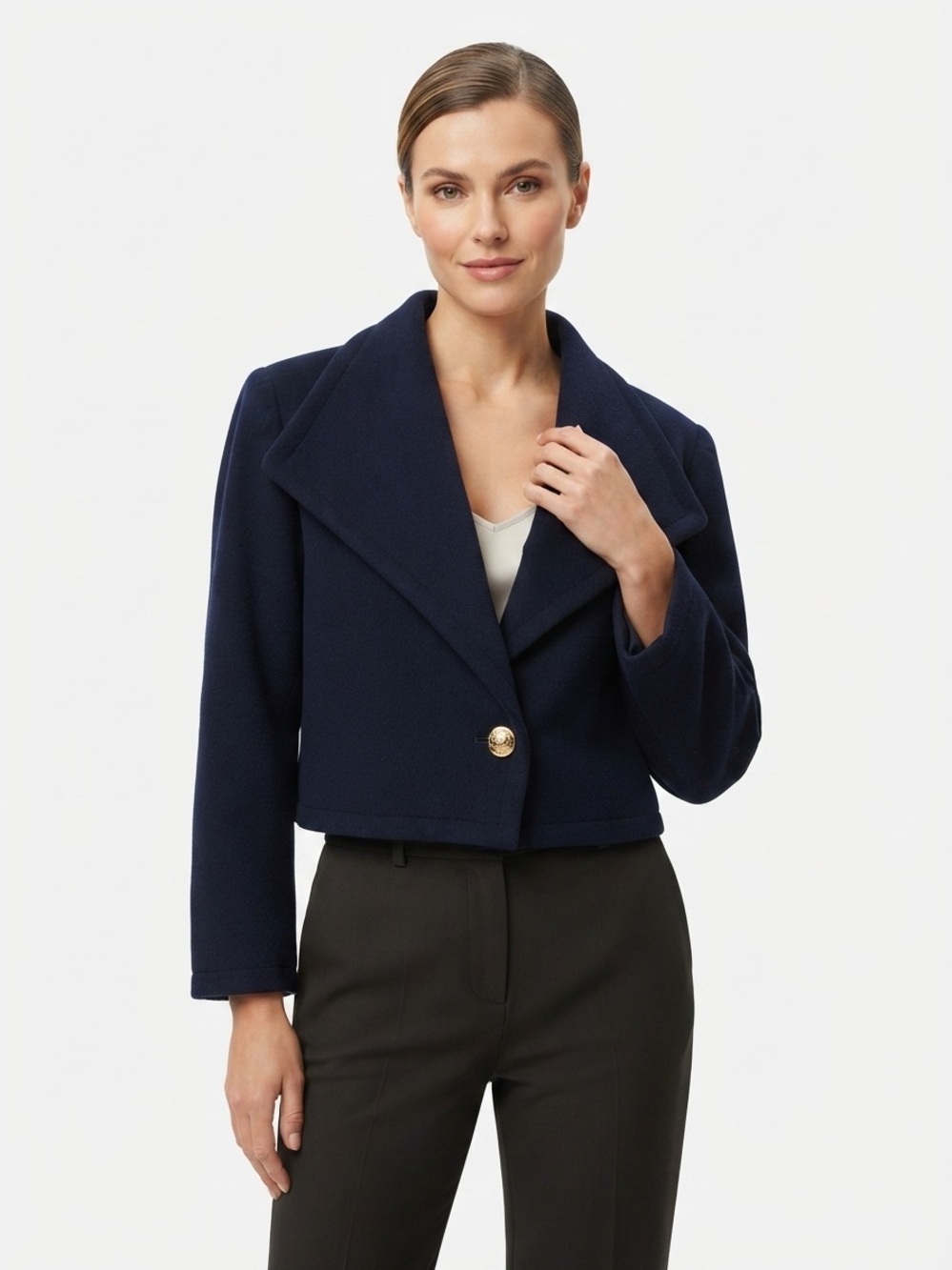 Bernard Perris Vintage Cropped Asymmetrical Wool Blazer Navy 40 - Picture 1 of 11